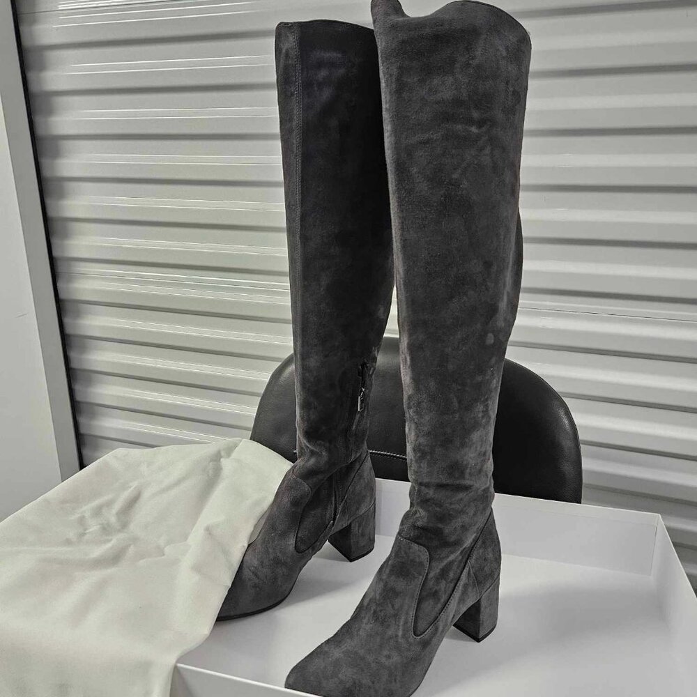 Vince / Blythe Grey Pewter Suede Fitted Block Heel Over the Knee Boots